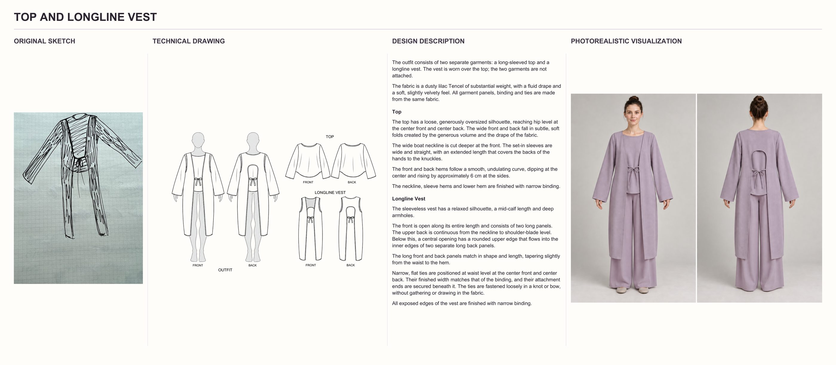 Sketch to Development Brief example, Top and Longline Vest: original sketch, technical drawing, technical description and photorealistic visualization